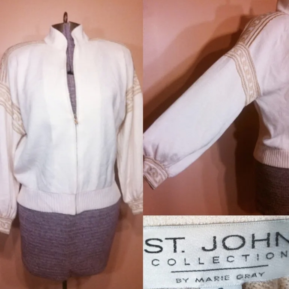 Vintage St. John Cream Cardigan Sweater Jacket Designer knits Gold Chain pattern